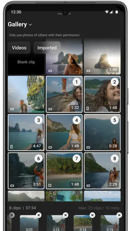 A mobile screen displaying the Edit with AI music feature with selections for mood and genre