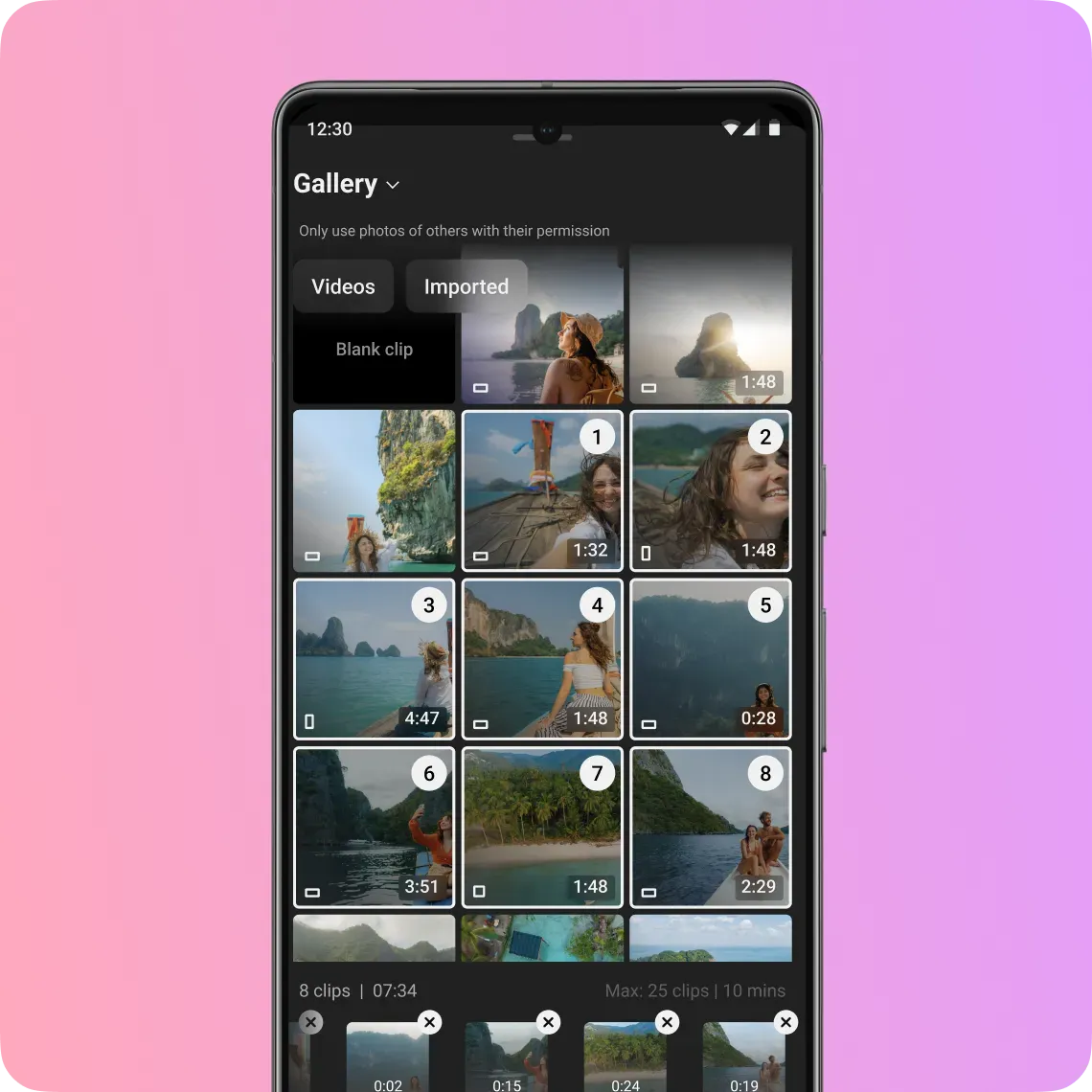 A mobile screen showing the Edit with AI gallery screen displaying a variety of video thumbnails of a woman on a boat on a sunny day
